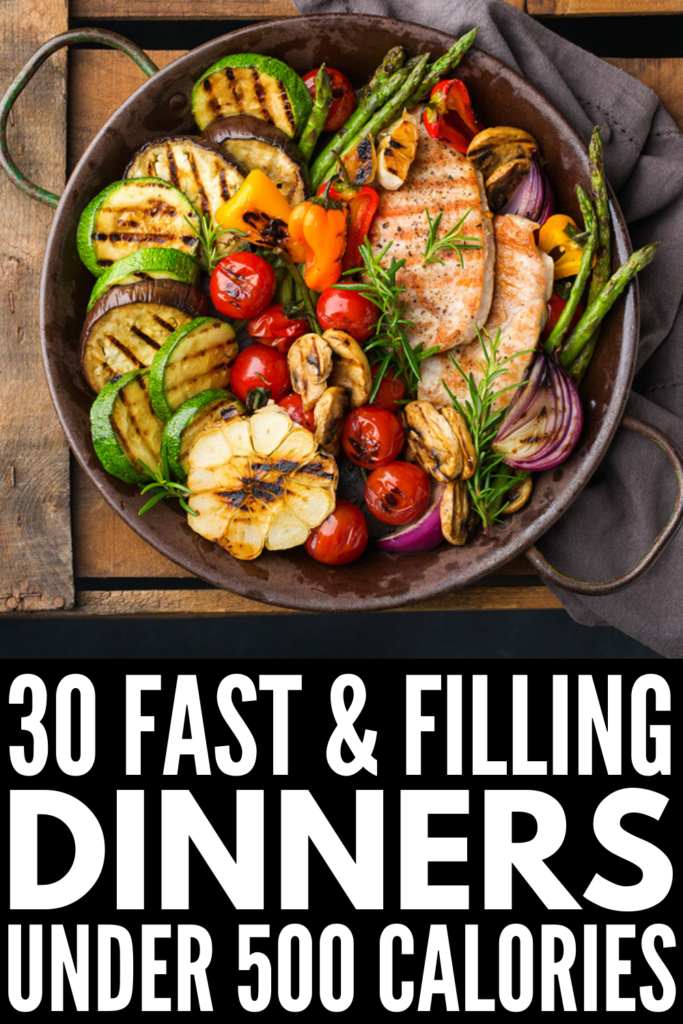 30 Healthy Dinners Under 500 Calories | If you're looking for easy and healthy meals that taste good and support your healthy eating goals, this post is for you! We're sharing 30 days worth of options for every palette. From chicken and beef, to vegetarian and vegan, to low carb and keto, we've even thrown in some quick crockpot recipes for busy week nights when you're pressed for time. Weight loss has never tasted so good! #under500calories #500caloriesorless
