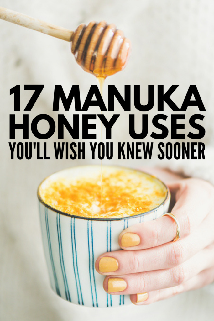 17 Manuka Honey Benefits and Uses | If you want to know how to use manuka honey to clear your acne, to soothe a sore throat, as a natural antibiotic, to boost your immunity, to settle an upset stomach, and reduce inflammation, this post is for you! We’re sharing all of the details, along with other manuka honey remedies and skin care benefits. #manukahoney #manukahoneybenefits #acne #skincare